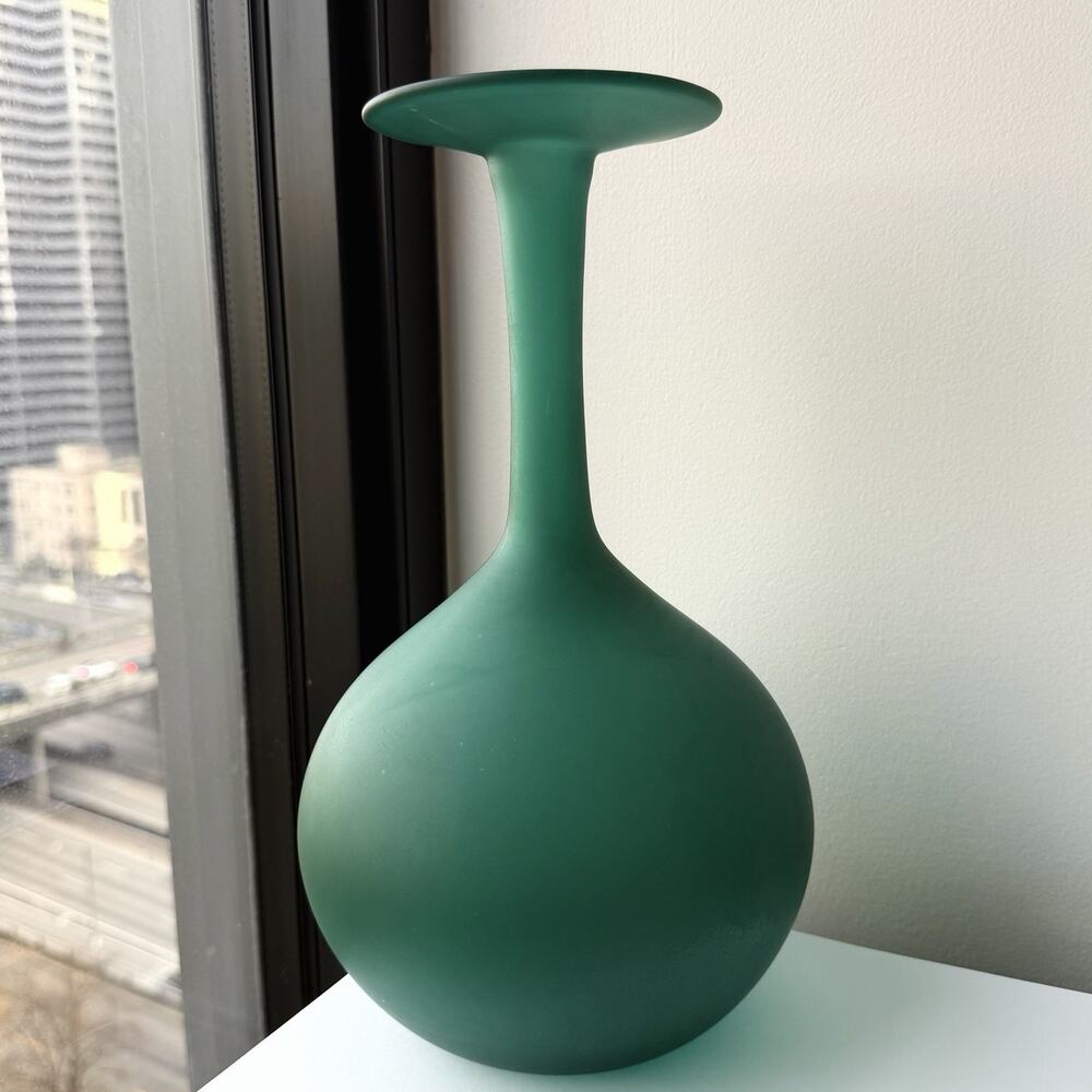 MCM 1950s Carlo Moretti Green Vase By Rosenthal-Netter Satinato Glass Italy 12"